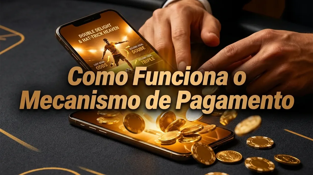 Mãos em telefone mostrando mecanismo de pagamento Double Delight, com fichas douradas.