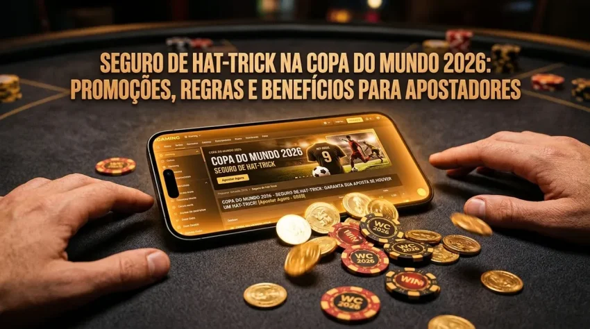 Mãos sobre celular com seguro de hat-trick exibindo moedas e fichas de apostas.
